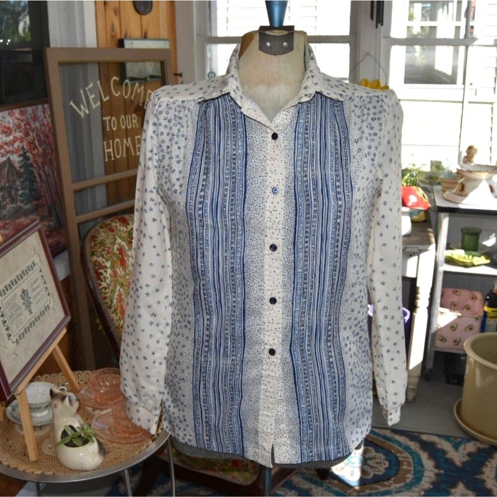 Vintage 70s Jack Winter Blouse Blue Mod Floral Striped Print long sleeve Top Sm